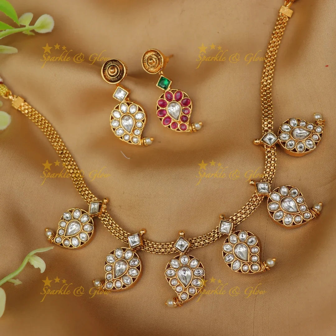 Exquisite Gold Alike Jadau Mango Necklace Set