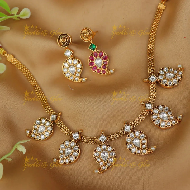 Exquisite Gold Alike Jadau Mango Necklace Set