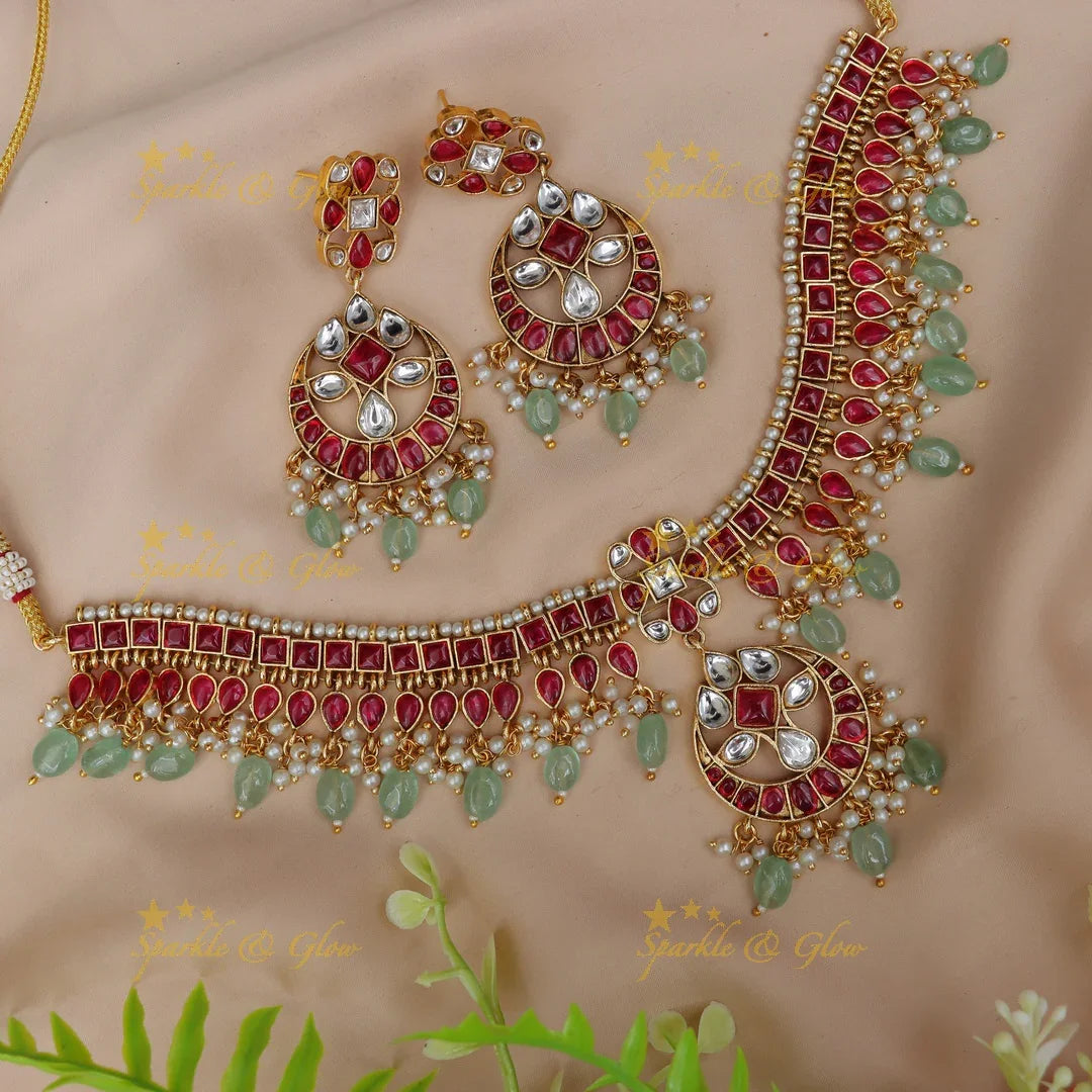 Exquisite Jadau Pearl Necklace & Earrings Set