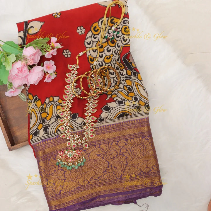 Kalamkari Saree with Peacock Motifs - Elegant & Stylish