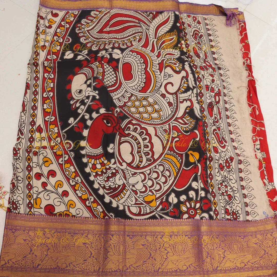 Kalamkari Saree with Peacock Motifs - Elegant & Stylish