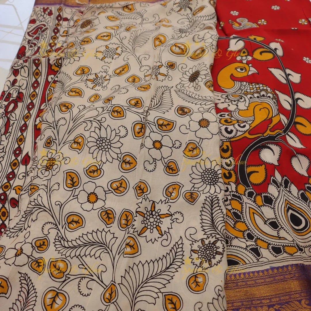Kalamkari Saree with Peacock Motifs - Elegant & Stylish