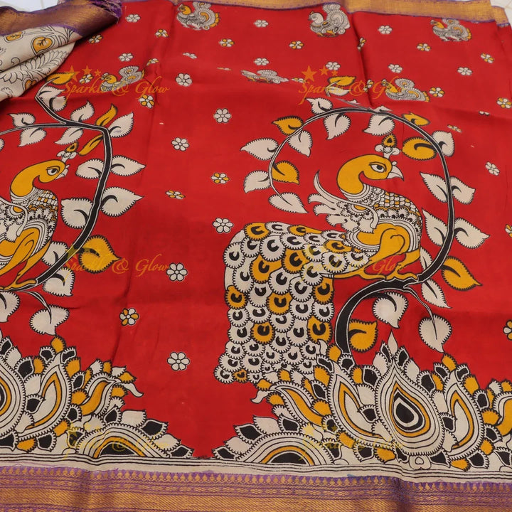 Kalamkari Saree with Peacock Motifs - Elegant & Stylish