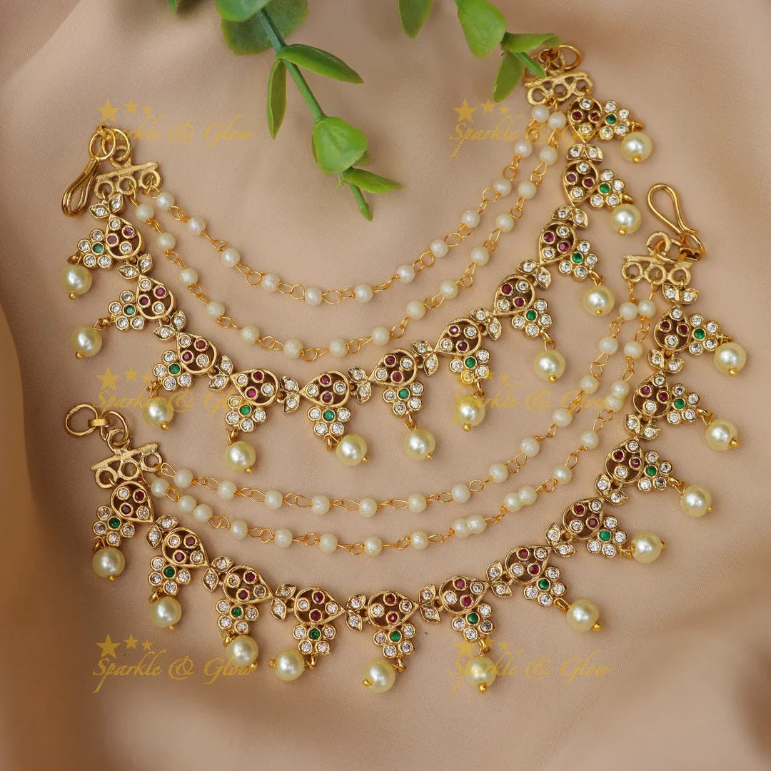 Exquisite Leaf Floral Earchain with Pearls & Stones