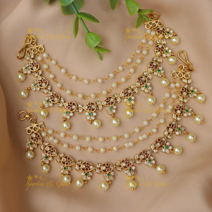 Exquisite Leaf Floral Earchain with Pearls & Stones