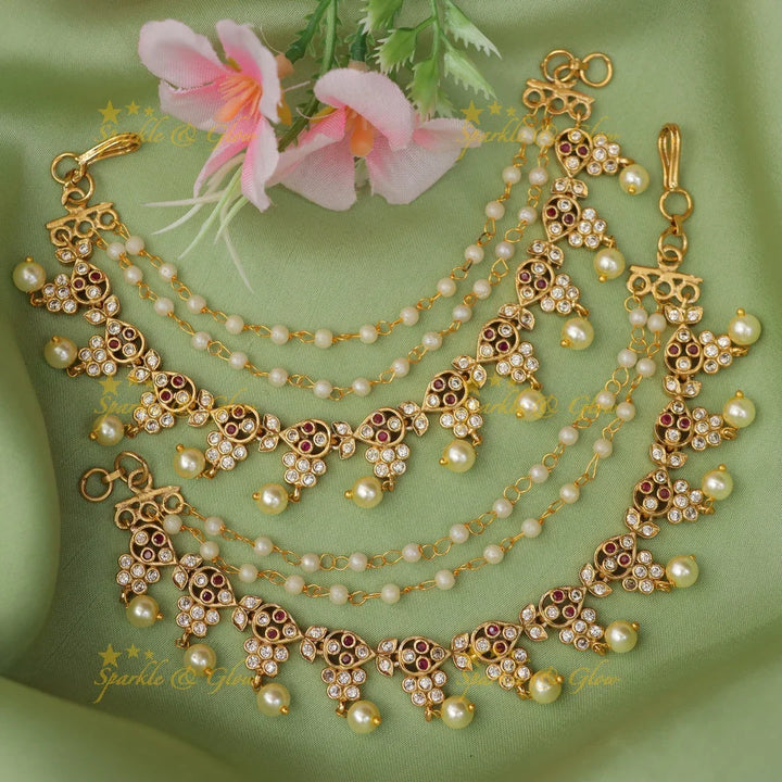 Exquisite Leaf Floral Earchain with Pearls & Stones