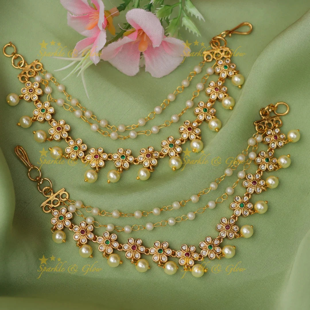 Exquisite Kemp Floral Earchain with Lustrous Pearls