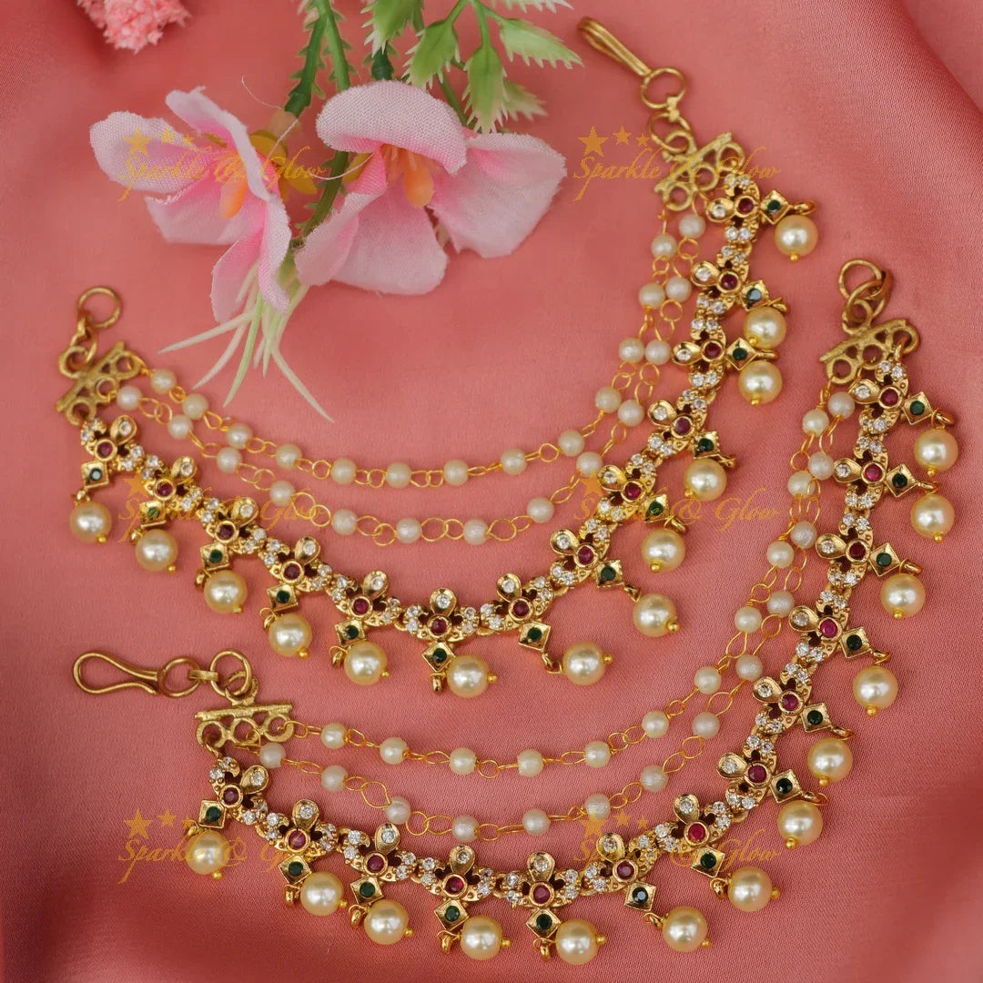 Exquisite Gold Earchain with Pearls - Sparkle & Glow