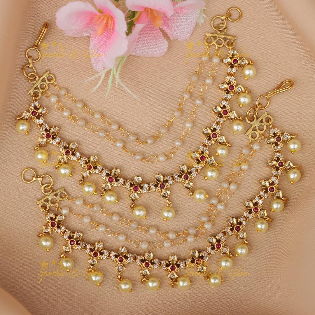 Exquisite Gold Earchain with Pearls - Sparkle & Glow