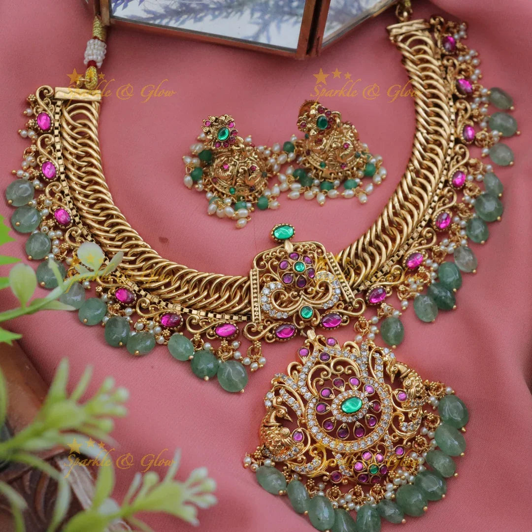 Exquisite Jadau Necklace with Green Beads by Sparkle & Glow