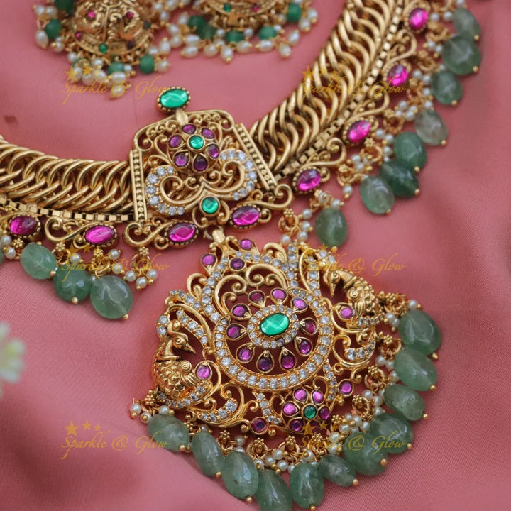 Exquisite Jadau Necklace with Green Beads by Sparkle & Glow