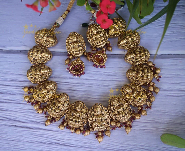 Premium quality gold alike polished lakshmi necklace with gold drops - Sparkle and Glow