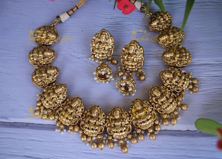 Premium quality gold alike polished lakshmi necklace with gold drops - Sparkle and Glow