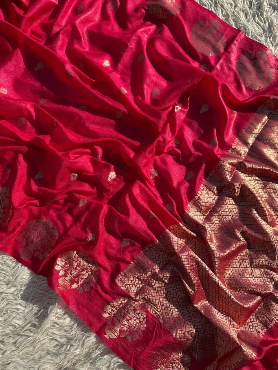 Exquisite Red Silk Saree with Gold Zari for Celebrations