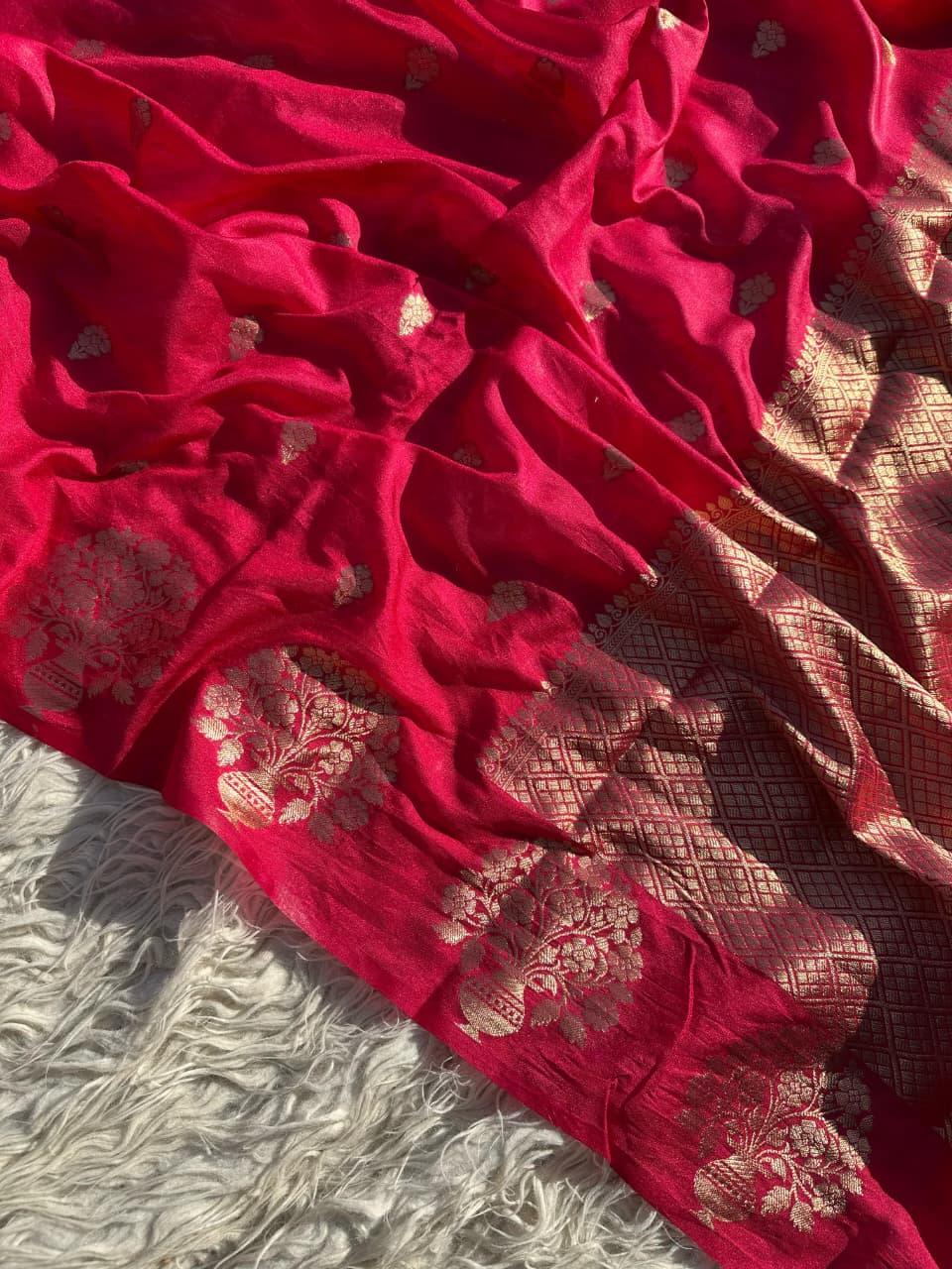 Exquisite Red Silk Saree with Gold Zari for Celebrations