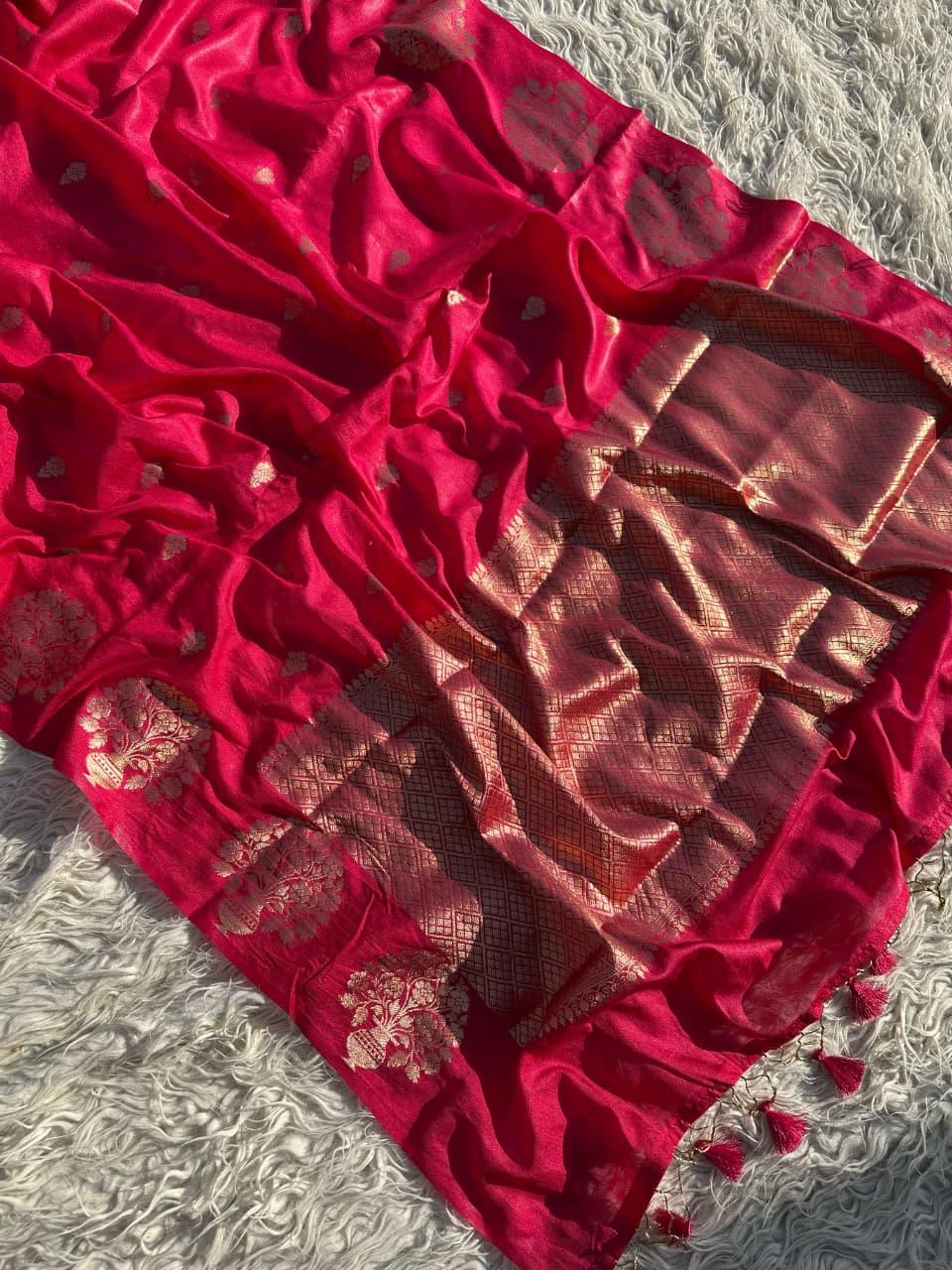 Exquisite Red Silk Saree with Gold Zari for Celebrations