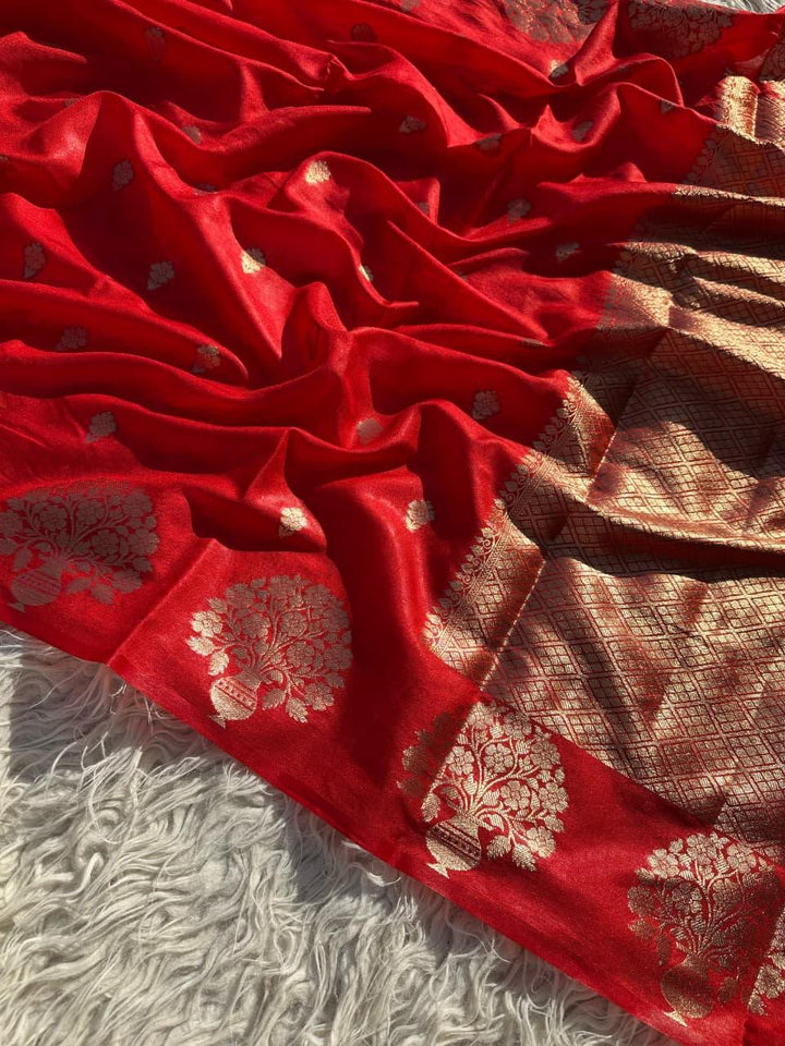 Exquisite Red Silk Saree with Gold Zari for Celebrations