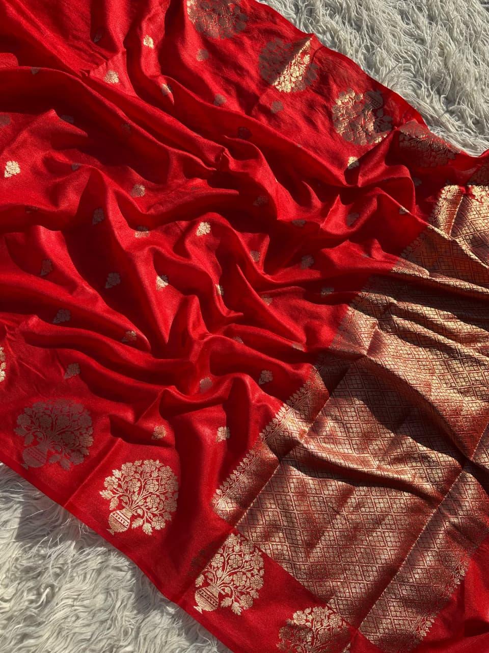 Exquisite Red Silk Saree with Gold Zari for Celebrations