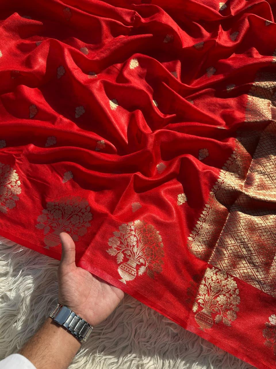 Exquisite Red Silk Saree with Gold Zari for Celebrations