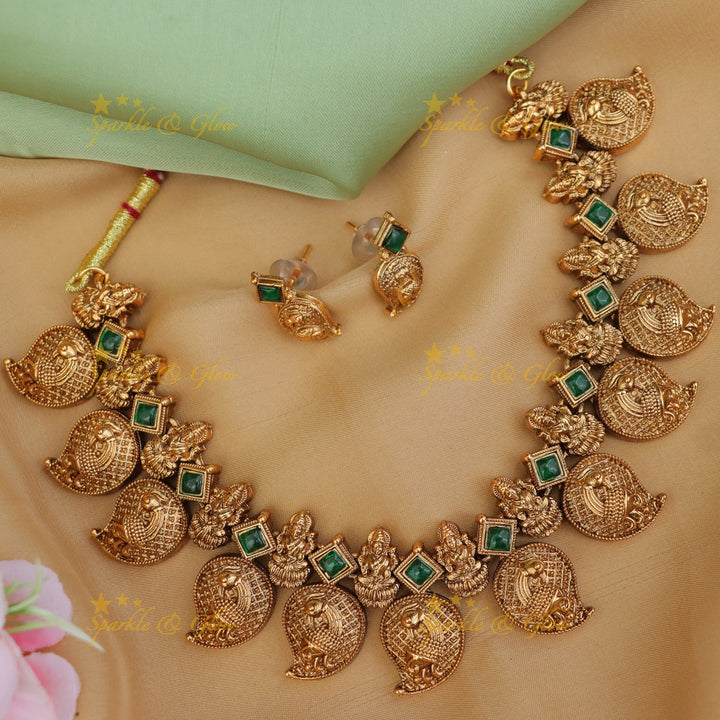 Exquisite Festive Lakshmi Necklace with Emerald Accents