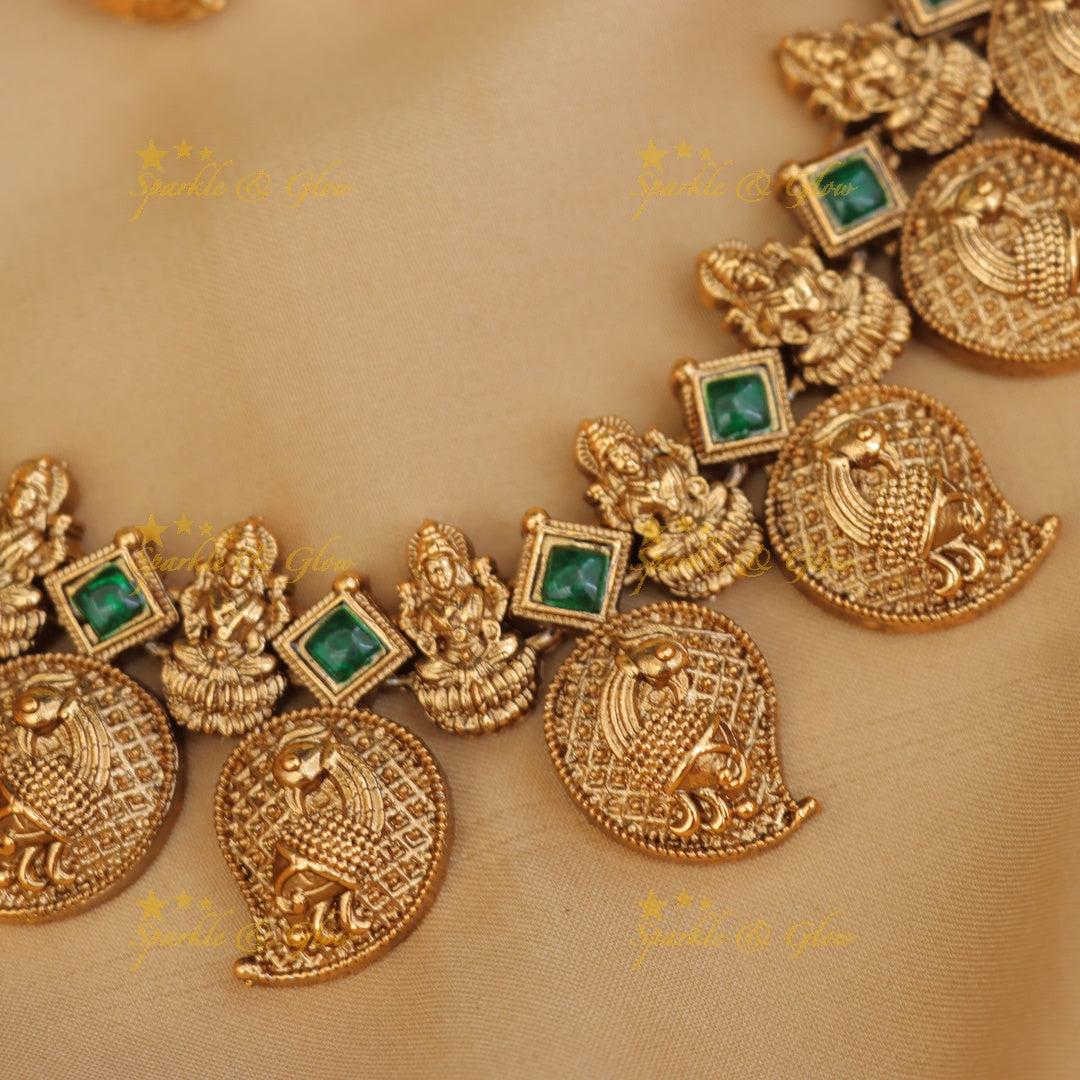 Exquisite Festive Lakshmi Necklace with Emerald Accents