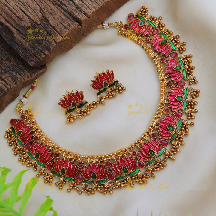 Lotus Floral Gold Necklace for Festive Elegance