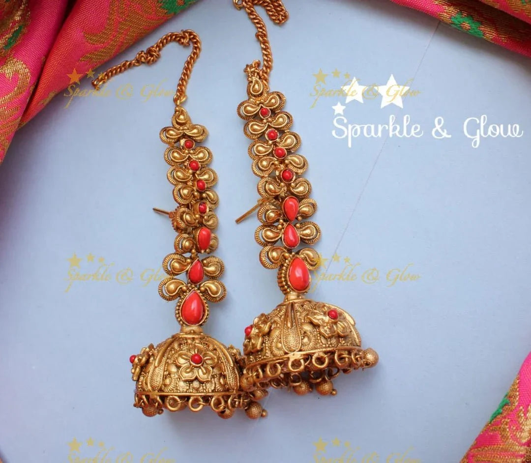 Gold alike finish jhumukas with ear chain - Pearl - Sparkle and Glow
