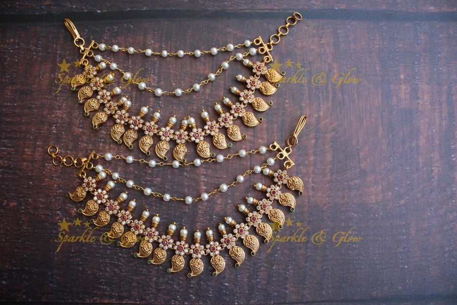 Mango shaped cz stones matte gold earchain/mattal - Sparkle and Glow