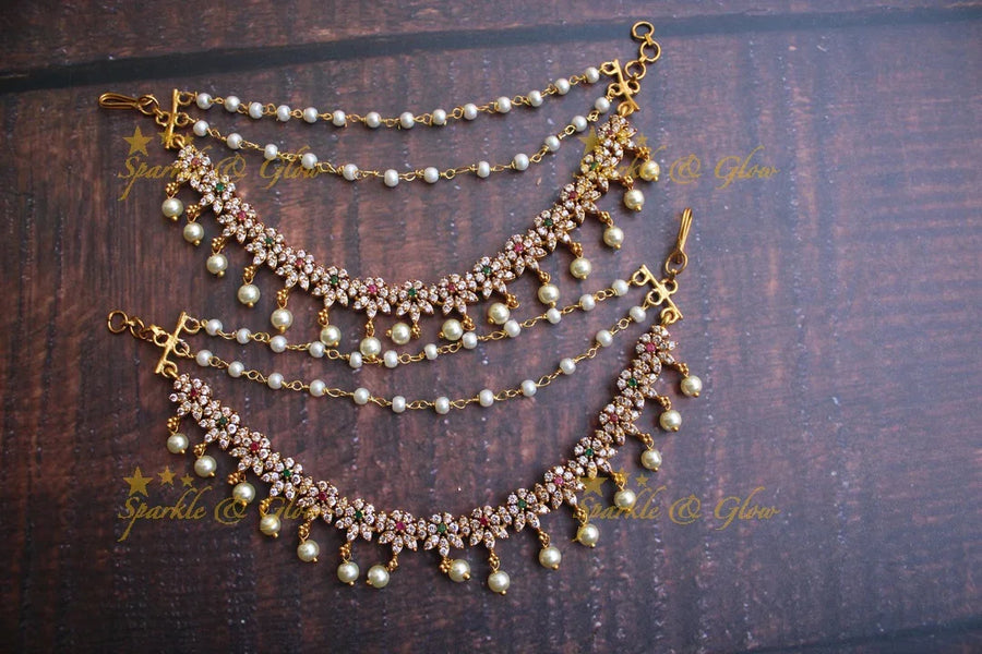 AD stone flower design earchain / mattal - Sparkle and Glow