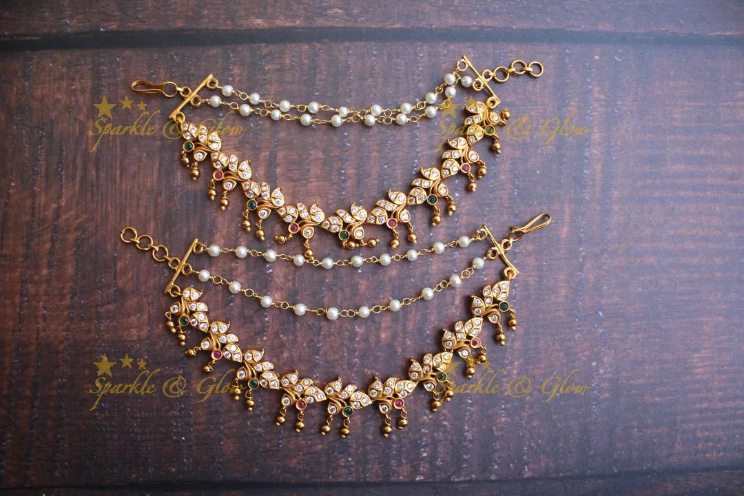 Cz stone flower design earchain mattal with gold drops - Sparkle and Glow