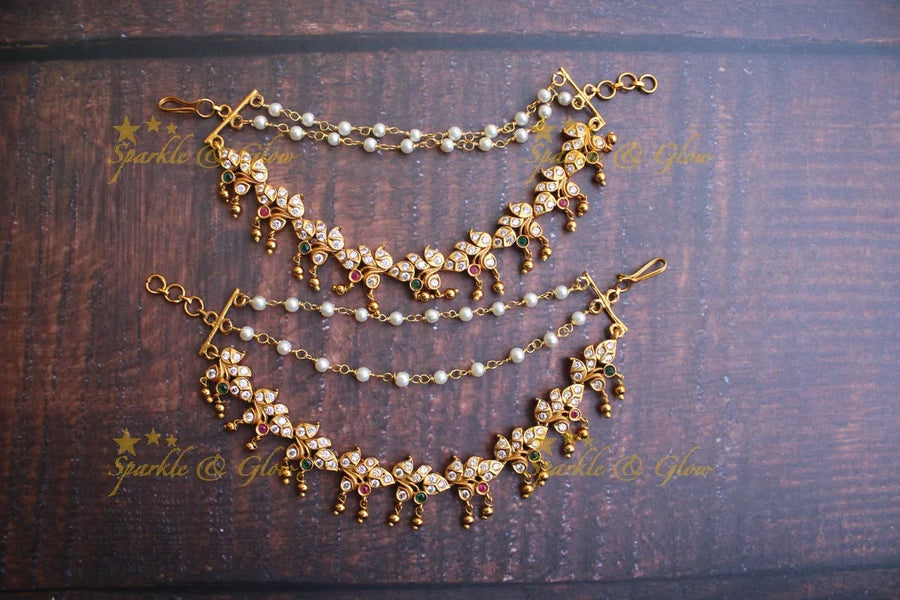 Cz stone flower design earchain mattal with gold drops - Sparkle and Glow