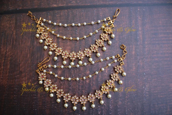 Flower designed ear chain with pearl drops - Sparkle and Glow