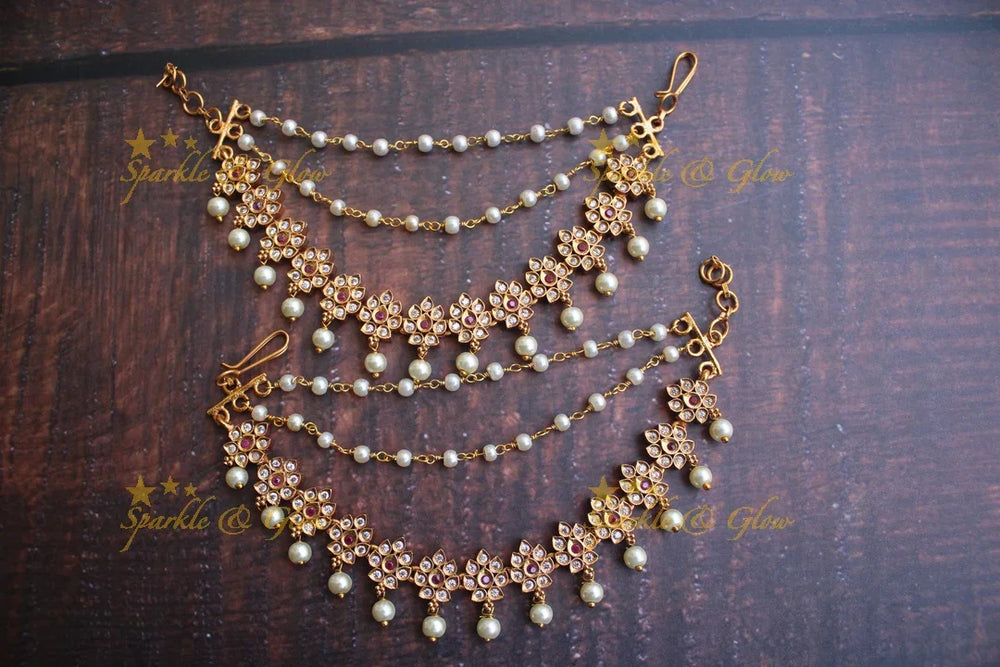 Flower designed ear chain with pearl drops - Sparkle and Glow