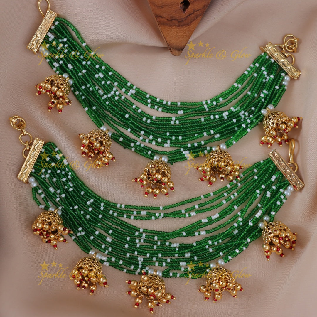 Stunning Green Beaded Jhumka with Ear Chain Set
