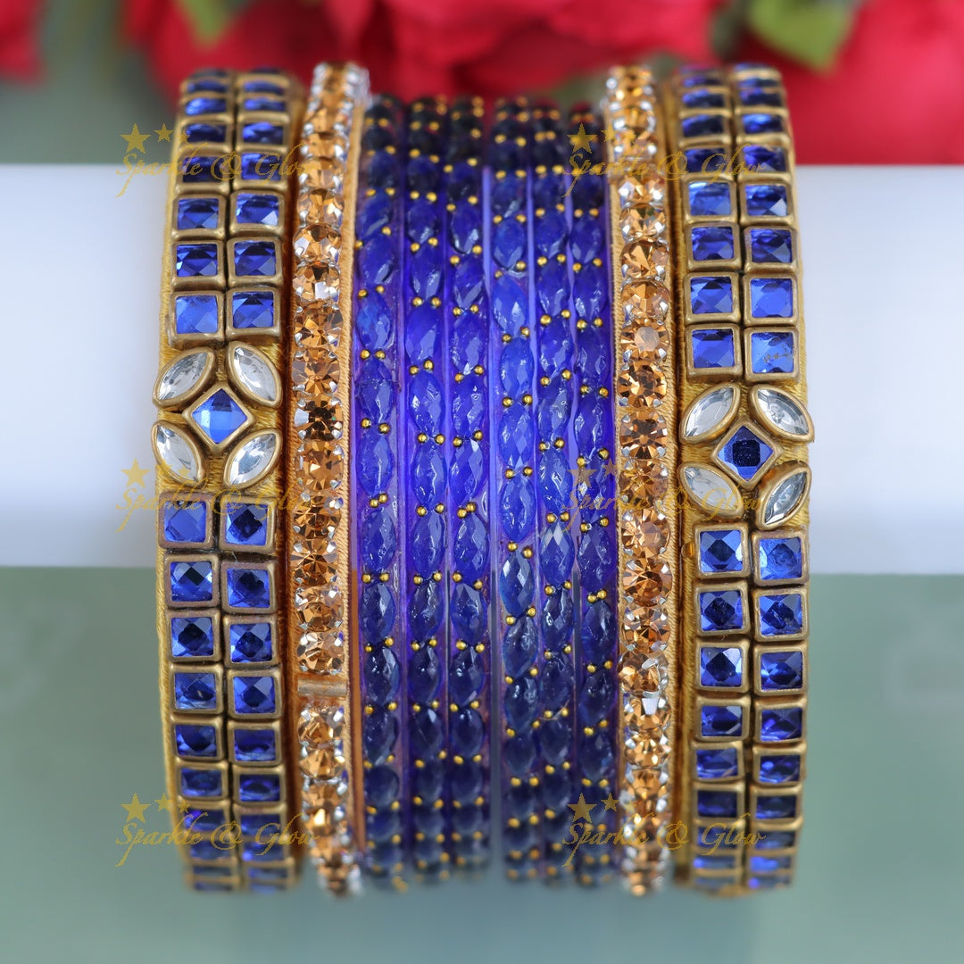 Luxurious Blue-Gold Kundan Bangles - Perfect for Brides