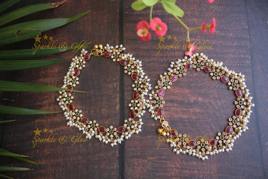 Gold alike kemp stones gutta pusalu anklet or payal - Sparkle and Glow