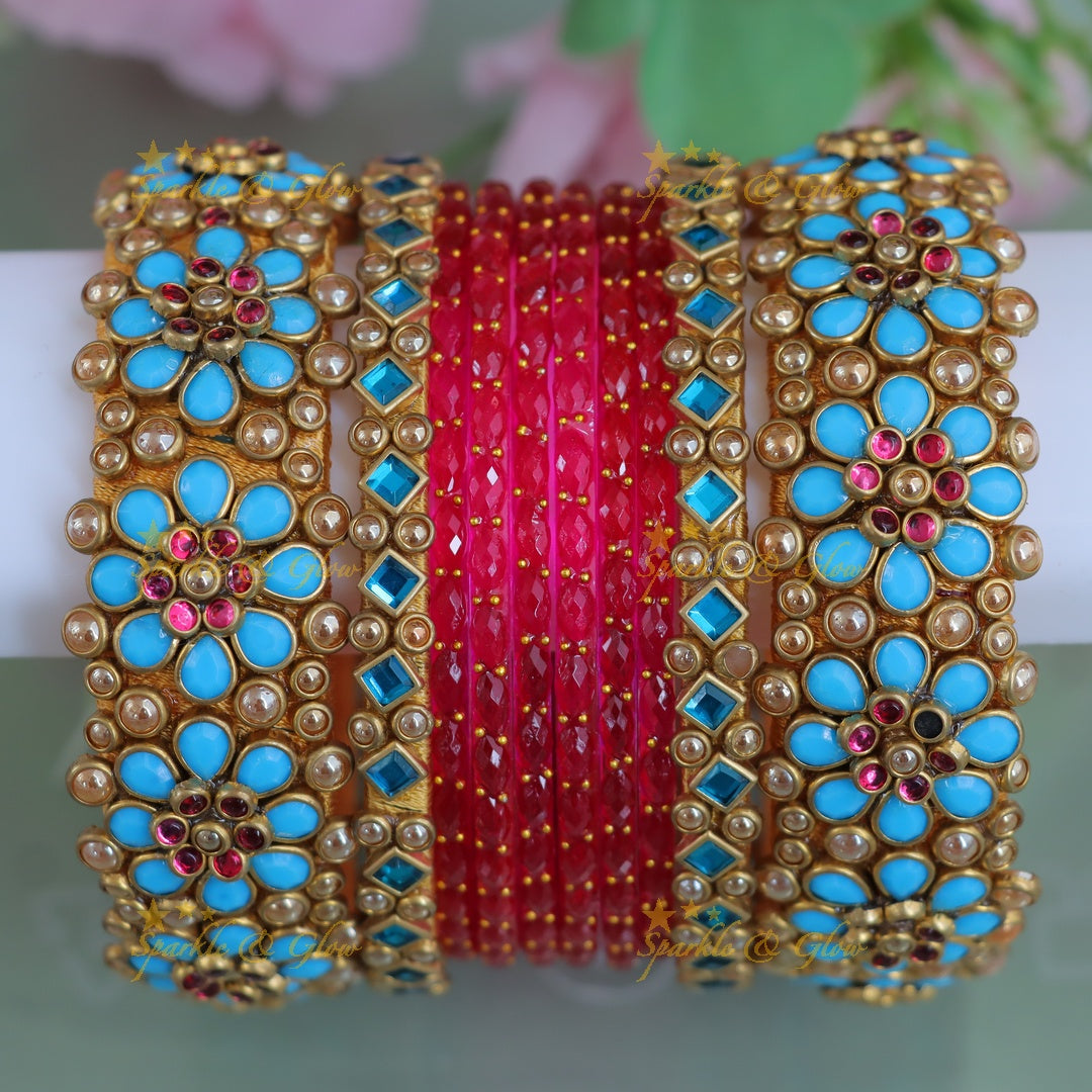 Exquisite Pink & Blue Silk Thread Kundan Bangles Online - One Hand