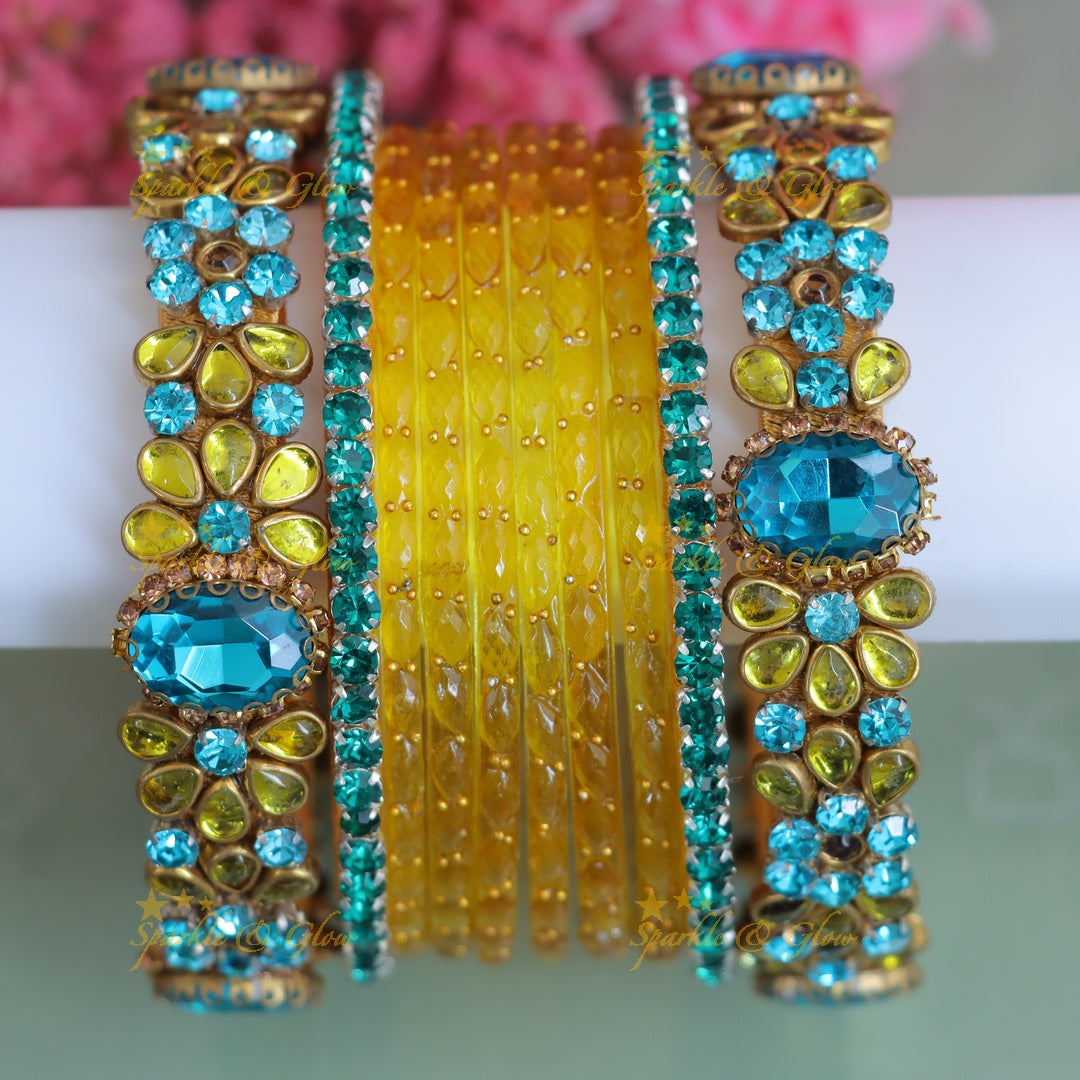 Elegant Silk Thread Bangles in Light Blue & Yellow - One Hand