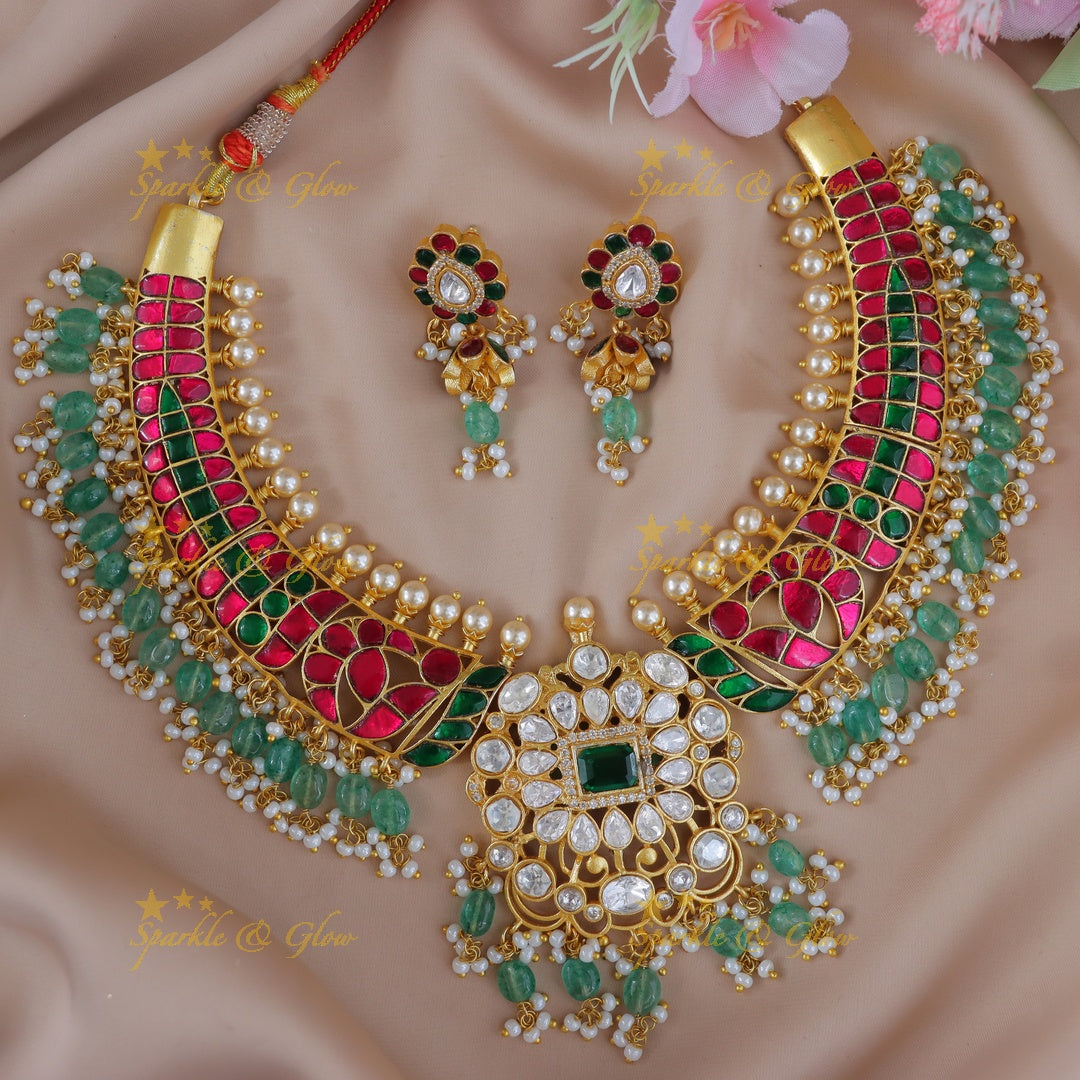 Elegant Jadau Necklace Set with Green Beads