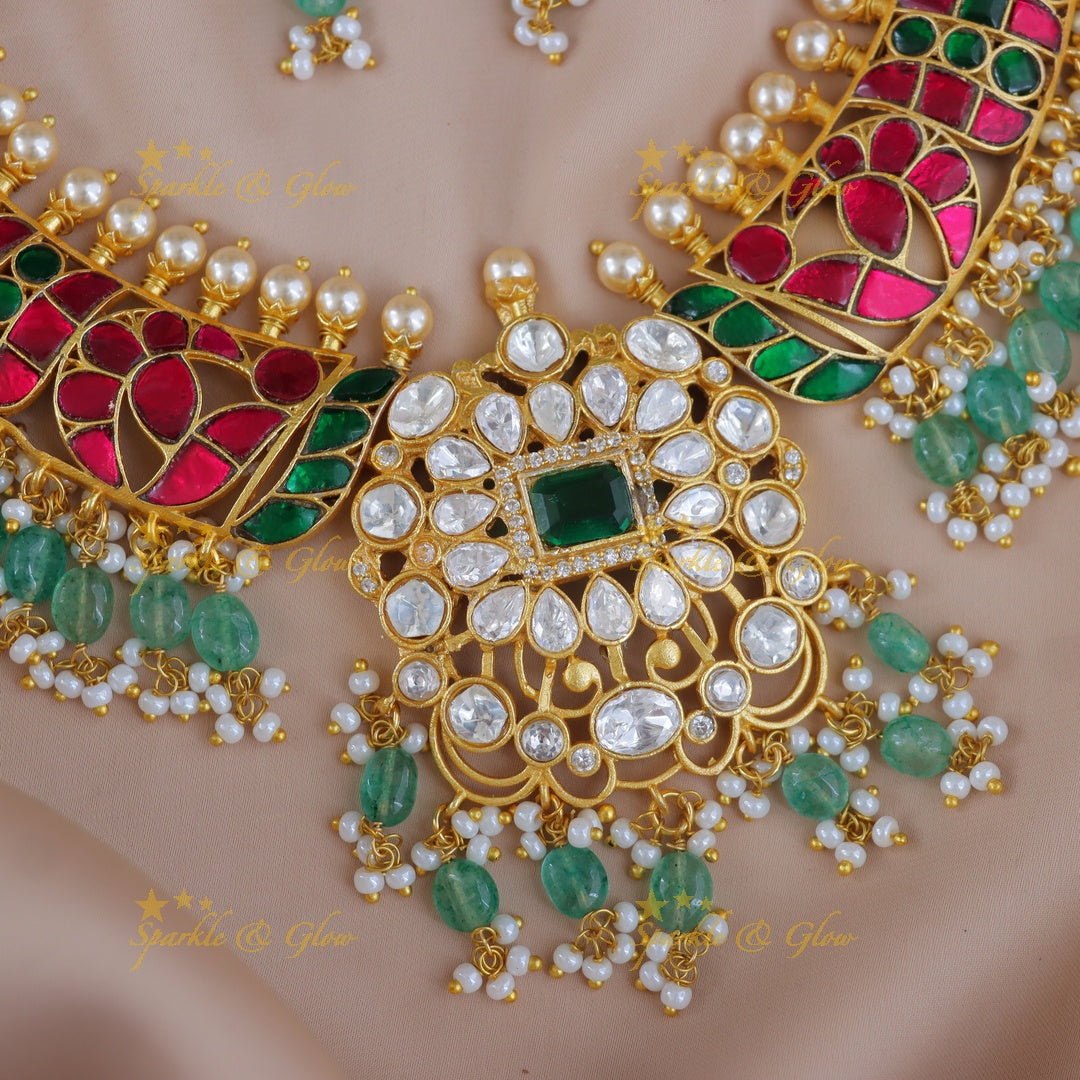 Elegant Jadau Necklace Set with Green Beads