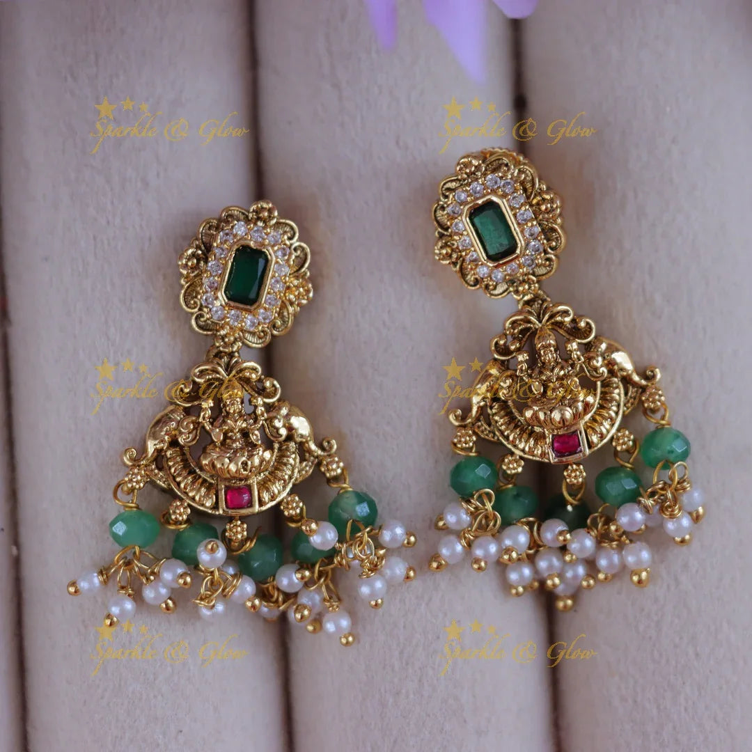Elegant Lakshmi Pearl Earrings with Green Beads - Main Image