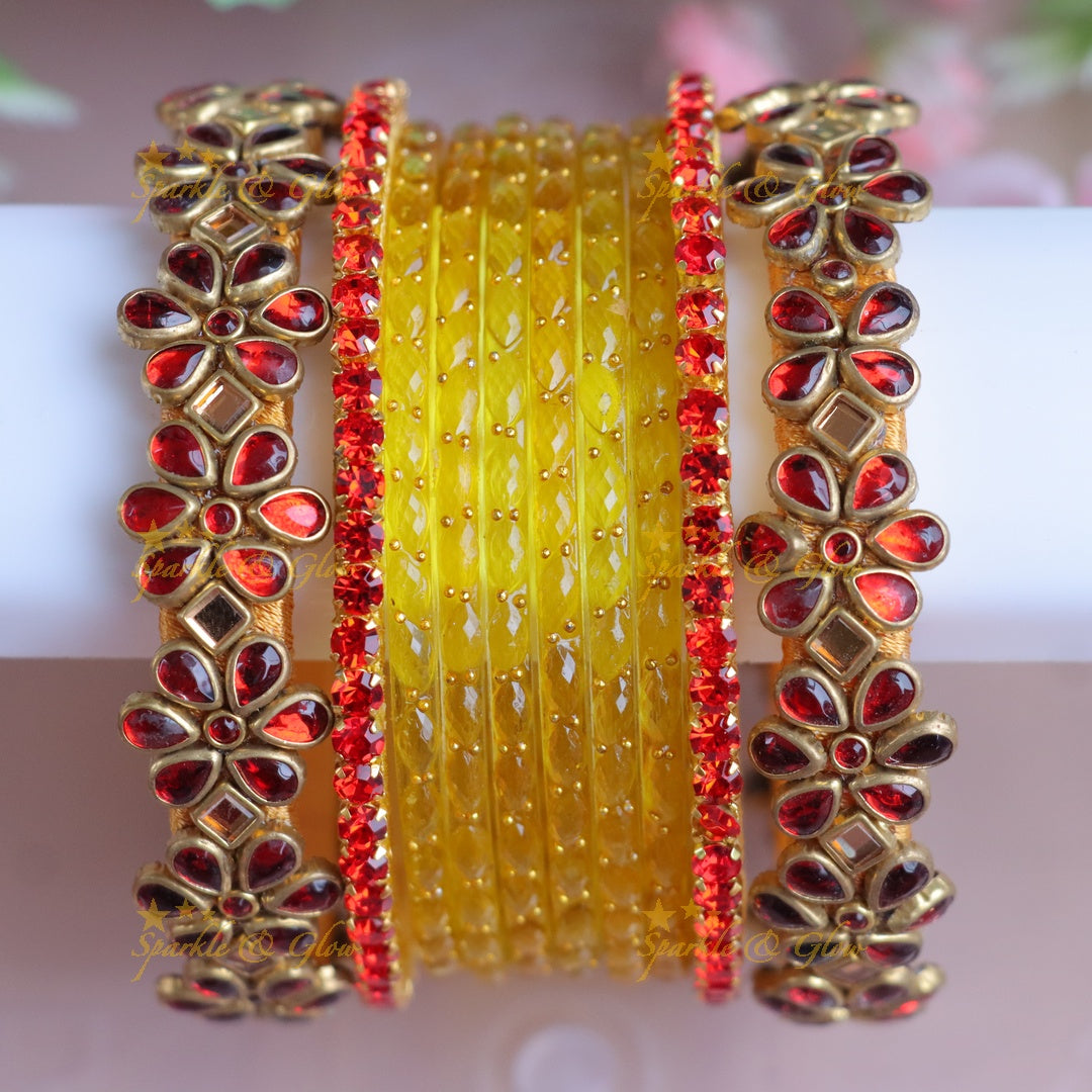 Exquisite Yellow Red Kundan Bangles - Festive Glam - One Hand