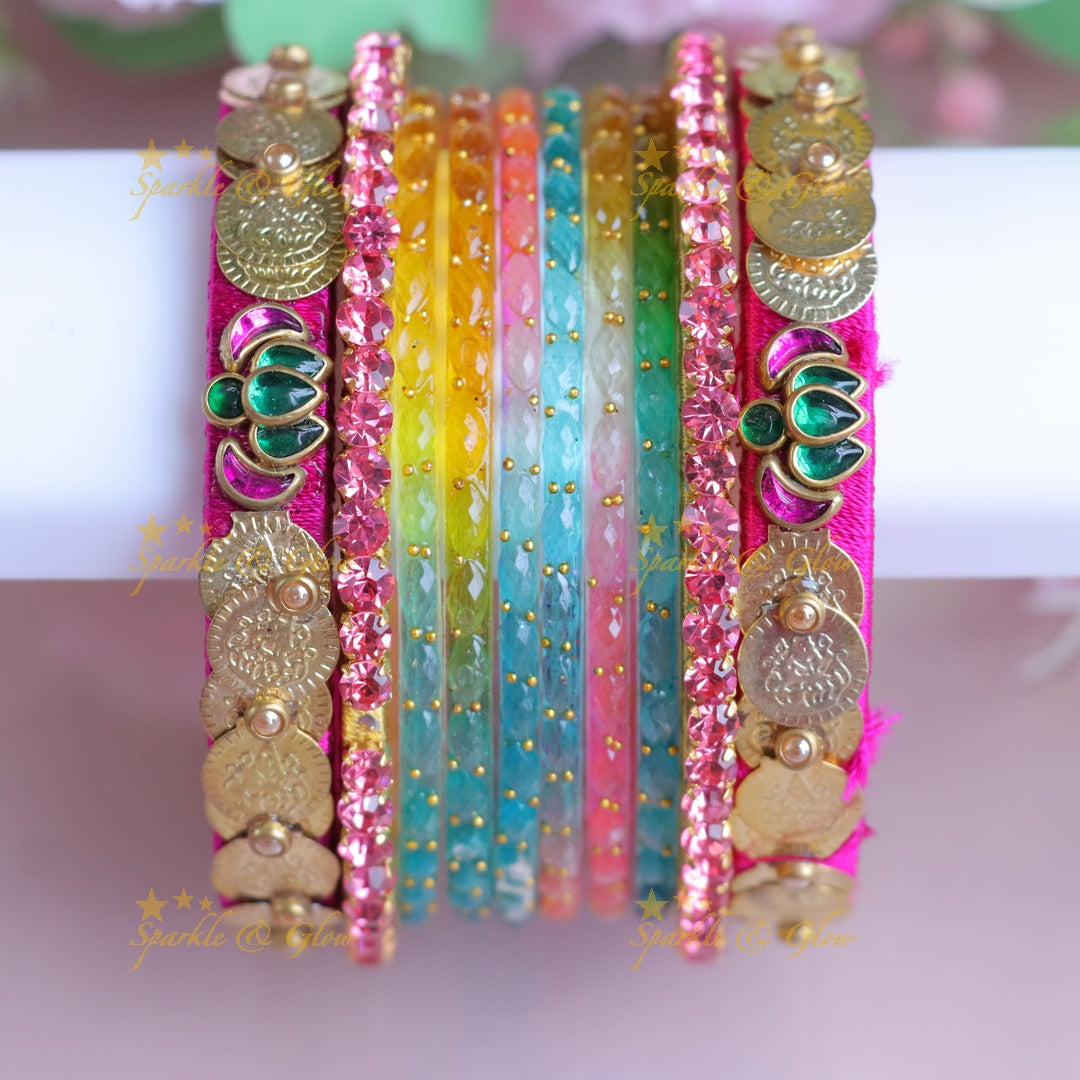 Exquisite Multicolor Bridal Bangles with Lakshmi Coins - One Hand