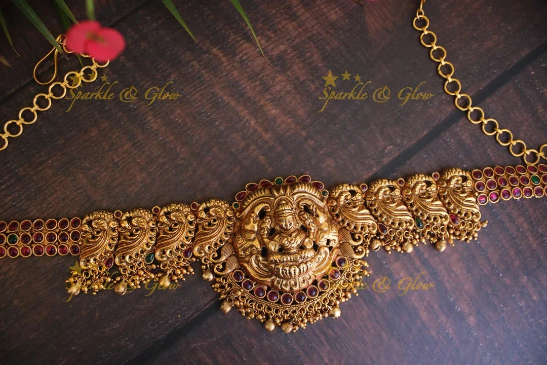 Premium matte Peacock and Lakshmi carved hip chain with kemp stones - Sparkle and Glow