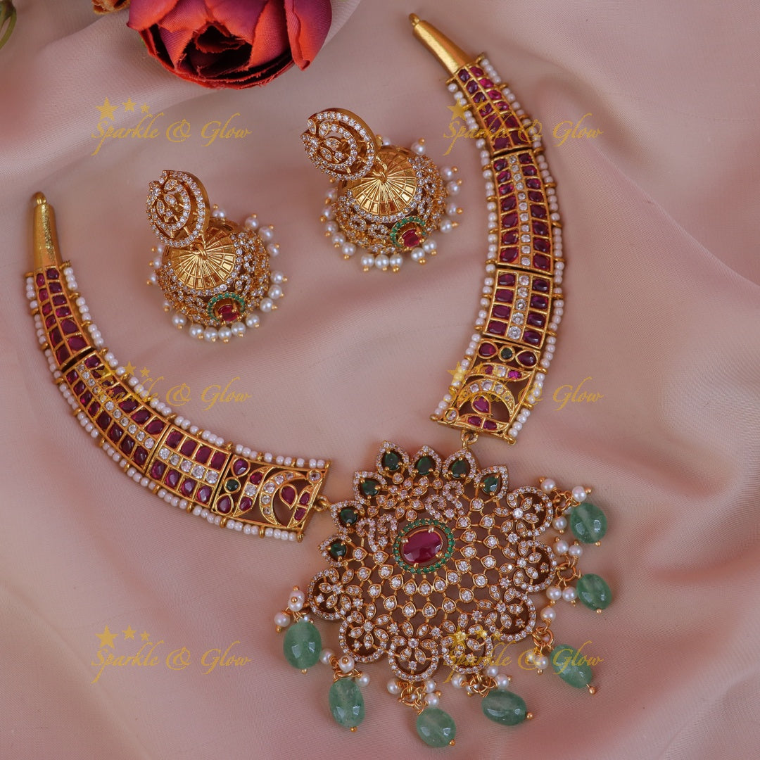 Exquisite Green & Gold Necklace Set for Weddings