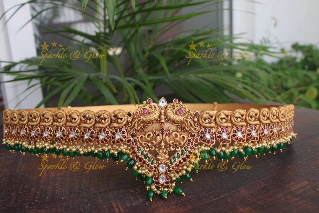 Premium matte lakshmi and peacock hipbelt with Green beads - Sparkle and Glow