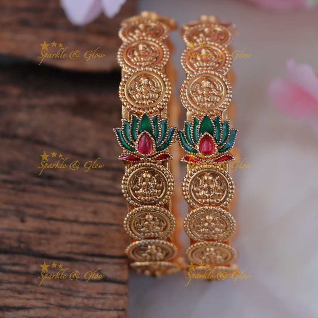 Exquisite Lakshmi Coin Lotus Bangles - Festive Elegance