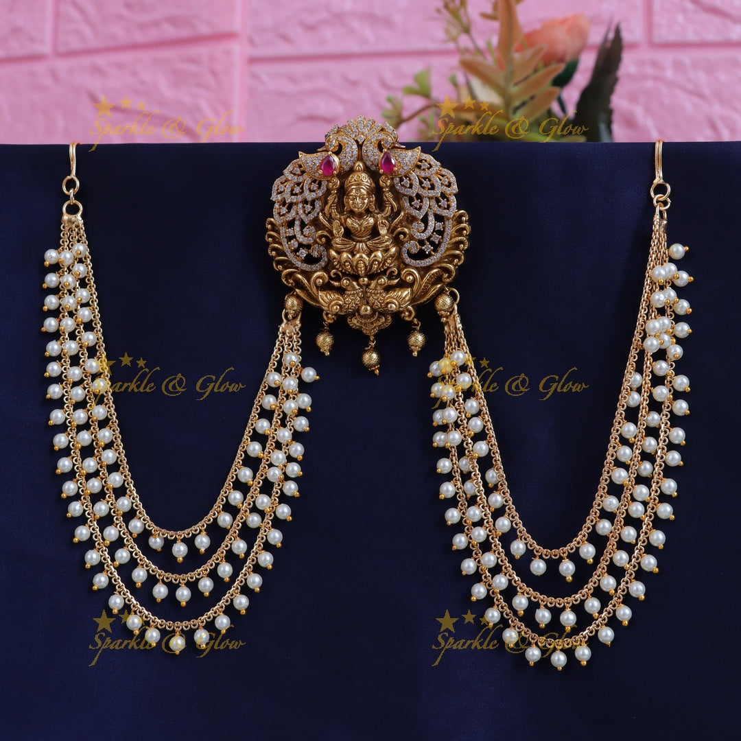 Exquisite Lakshmi Ear Chains with Pearls - Festive Elegance