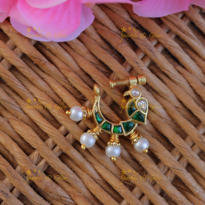 Gold Jadau Peacock Nosepin - Exquisite Wedding Jewelry