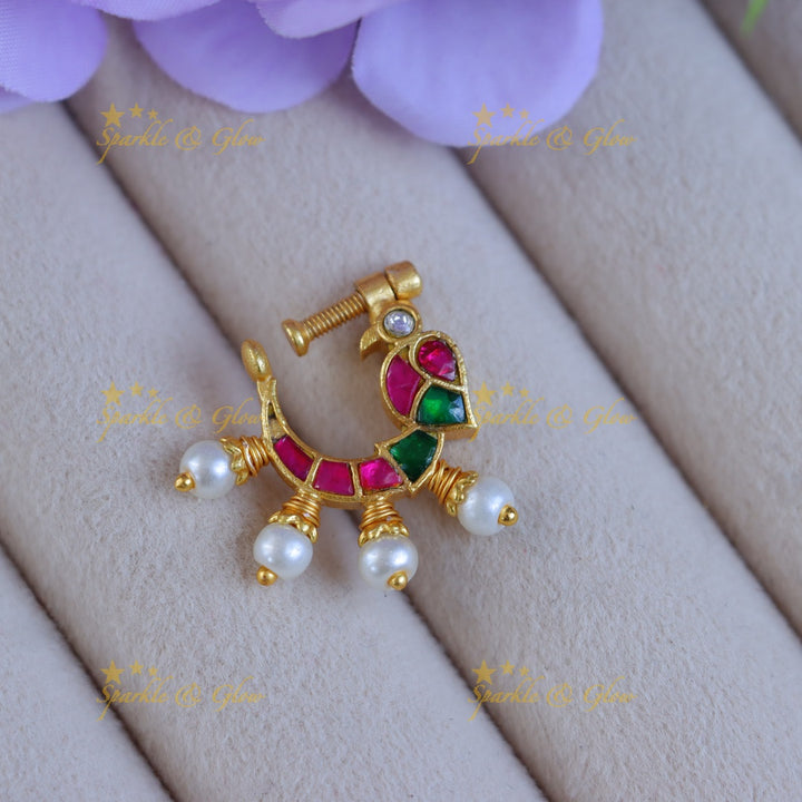 Gold Jadau Peacock Nosepin - Exquisite Wedding Jewelry